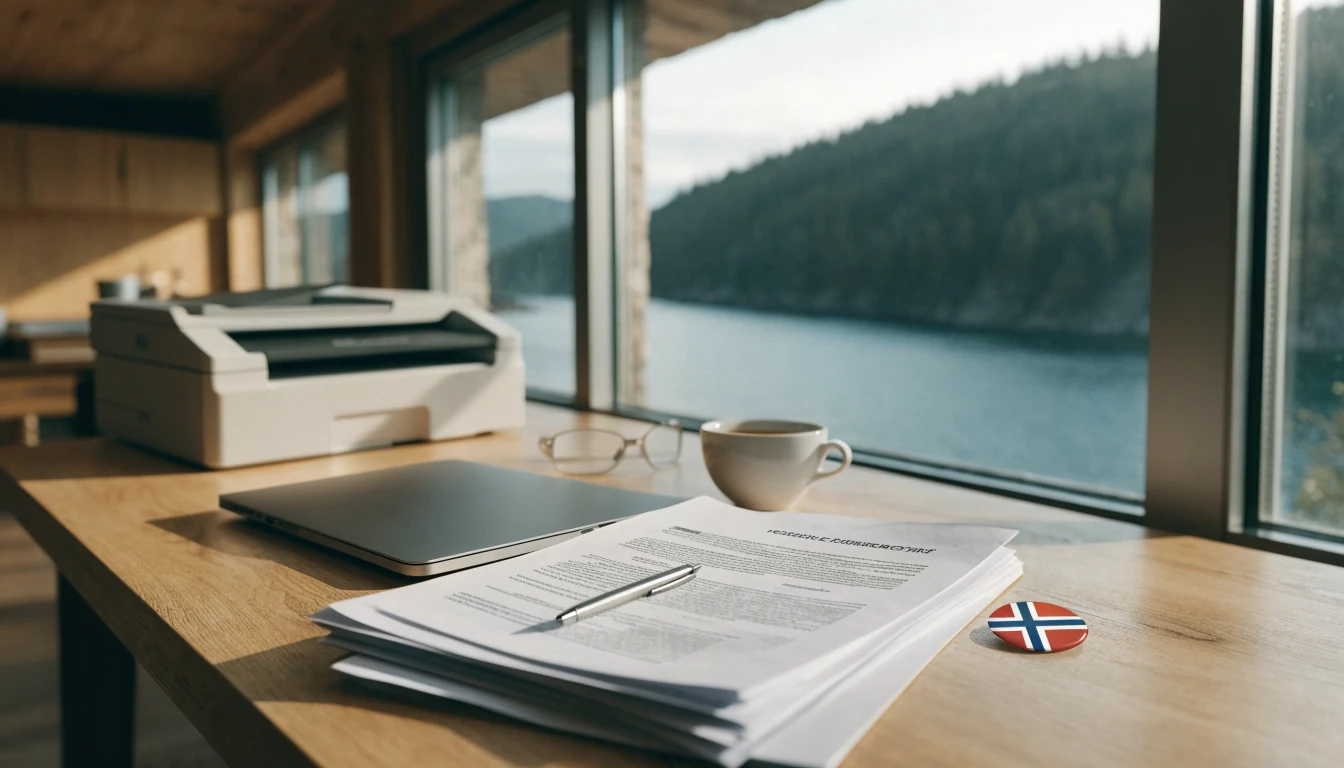 Redaksjonelt arbeidsbord med dokumenter og kaffekopp i norsk interiør med fjordlys