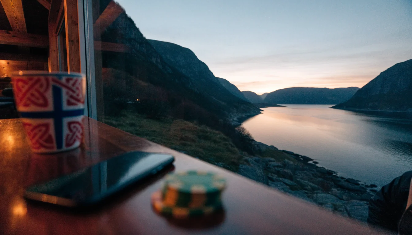 Norsk fjord ved skumring med telefon og casinobrikker