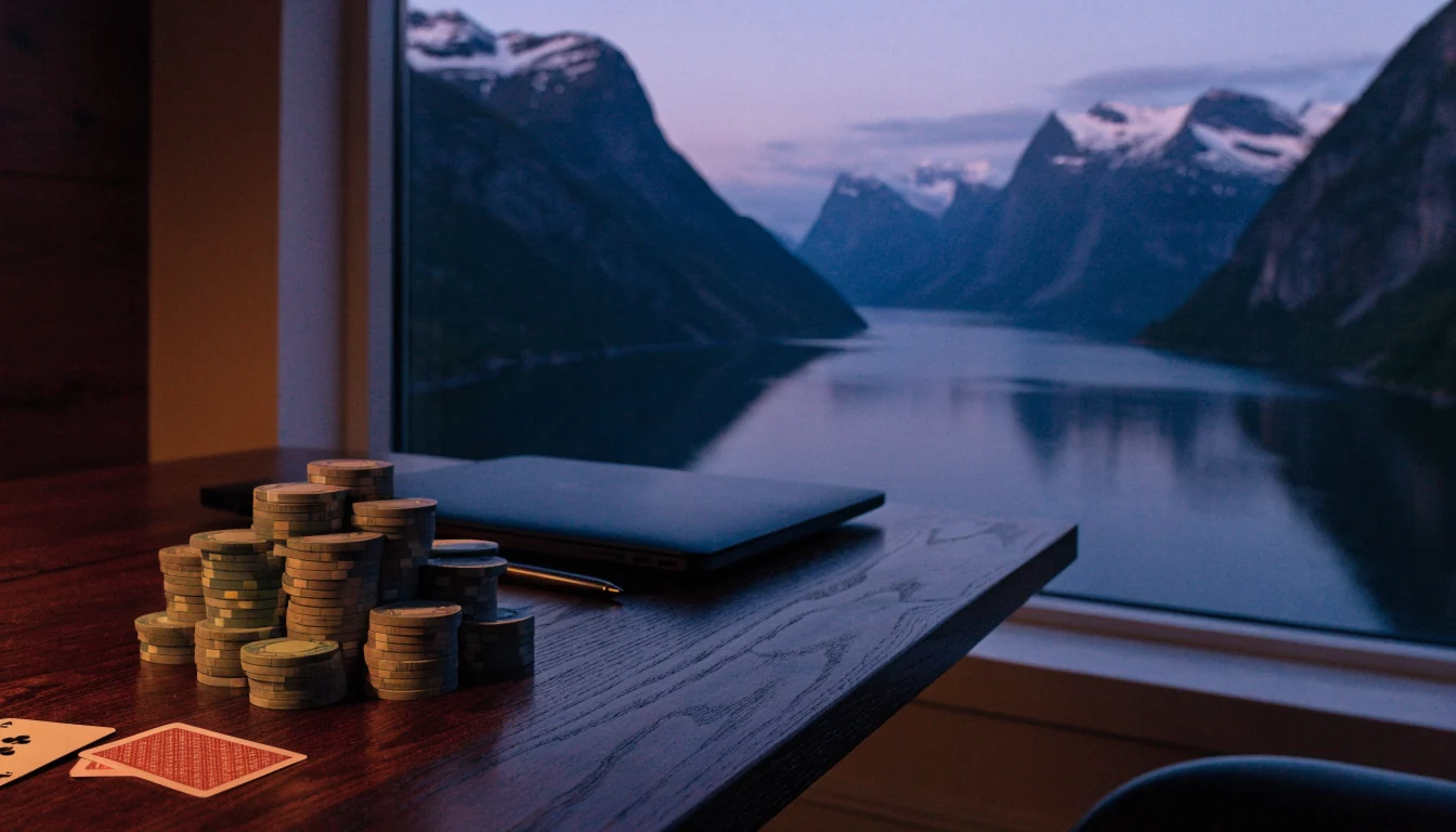 Moderne norsk stue i skumring med utsikt mot fjord, casinojetonger og kortstokk på bordet