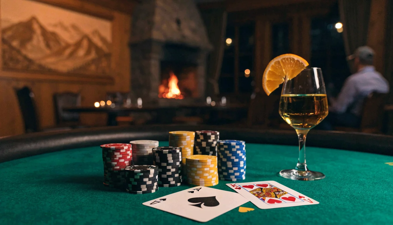 Blackjack-bord med kort og jetonger i norsk fjellhytte