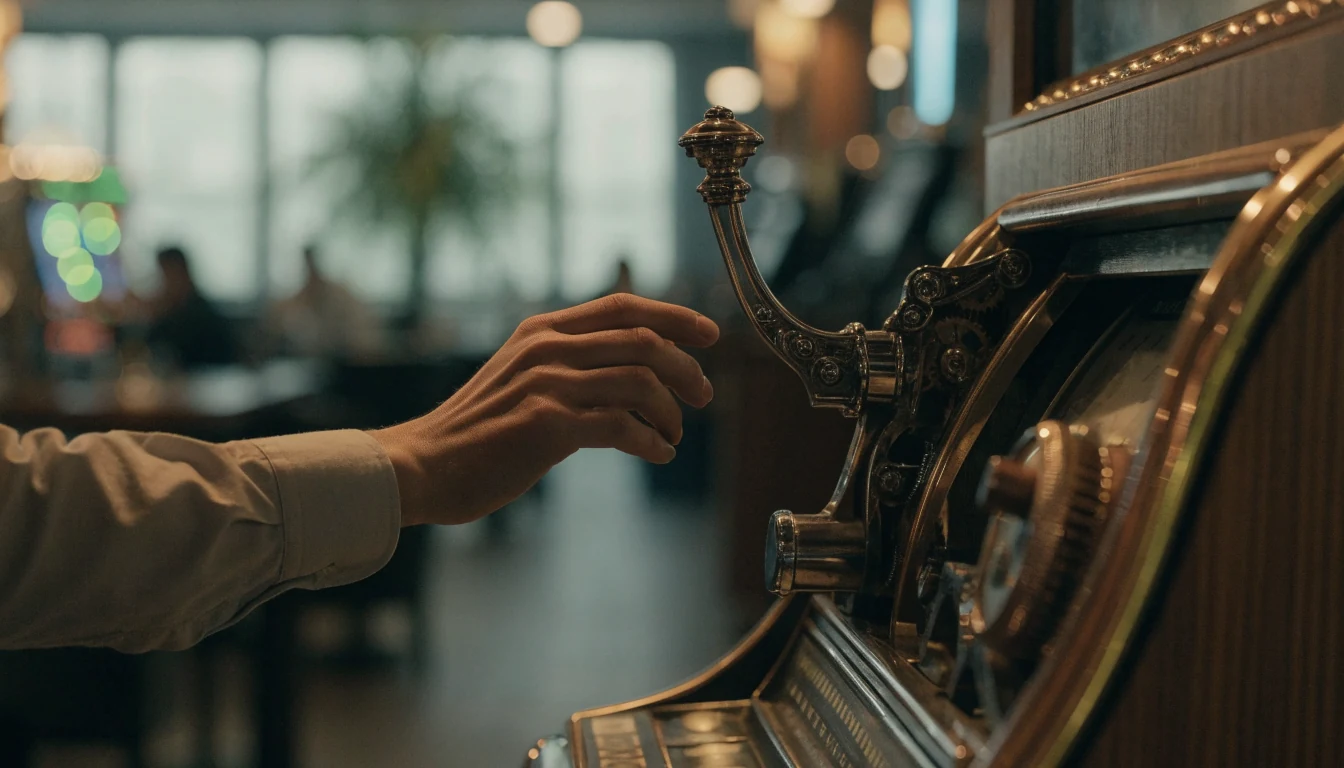 Hånd som griper spaken på en spilleautomat i et moderne, nordisk casino