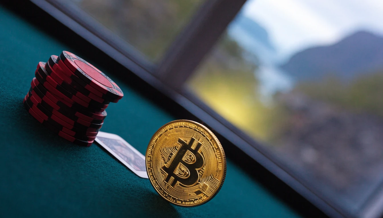 Bitcoin-mynt på casinobord med jetonger og norsk fjord i bakgrunnen
