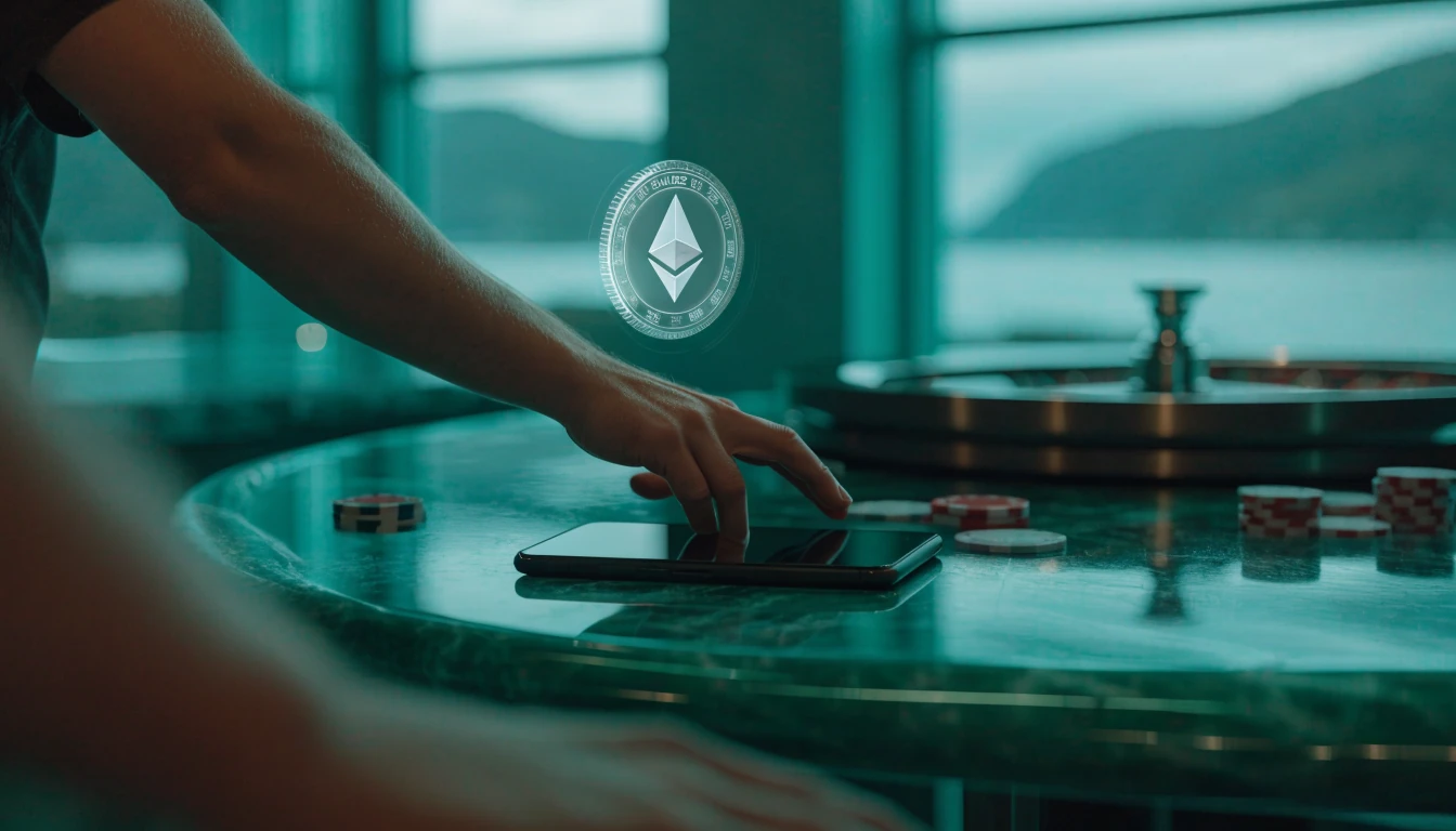 Holografisk Ethereum-mynt over et casino-bord med jetonger og roulette.