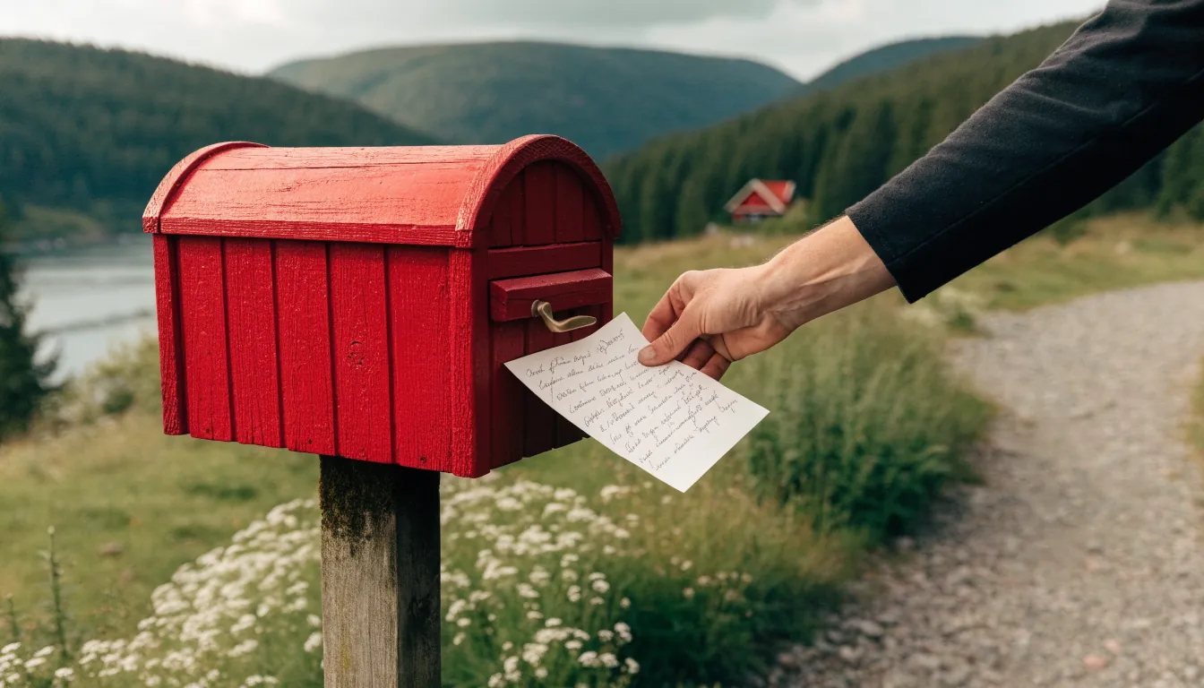 Hånd legger håndskrevet brev i rød norsk postkasse ved fjorden