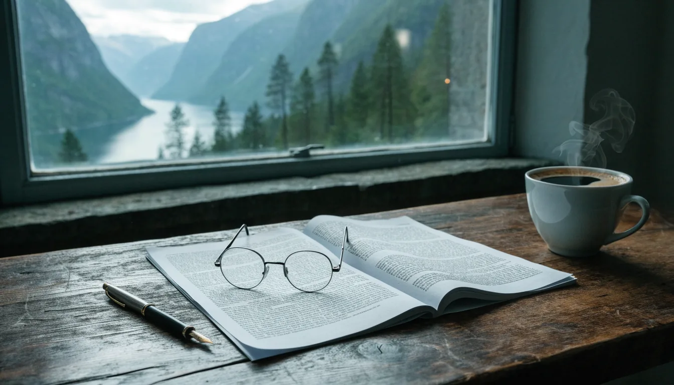 Åpent dokument med lesebriller og kaffekopp på trebord foran norsk fjordlandskap