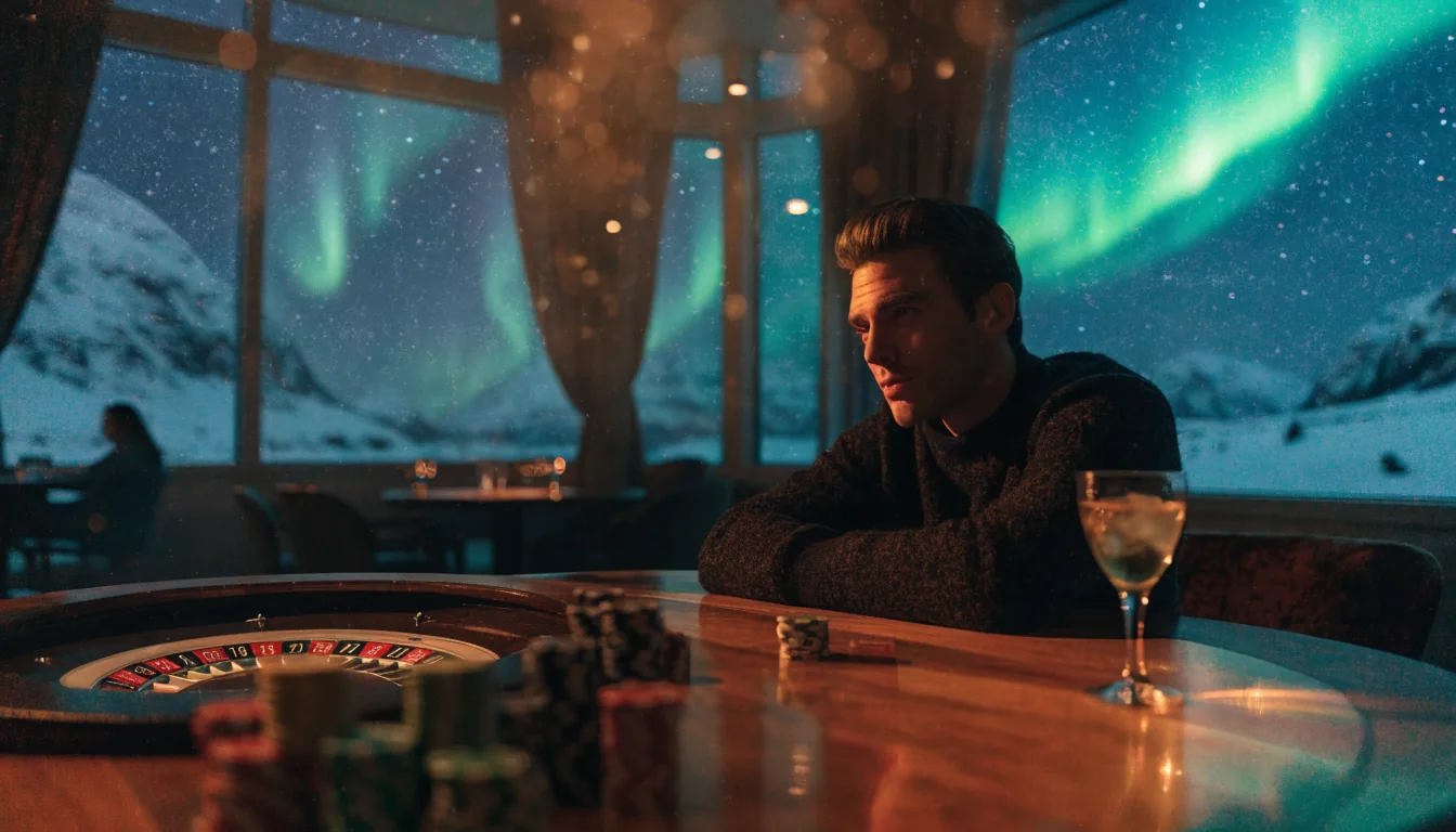 Elegant man i norsk casinoloft med jetonger og roulette