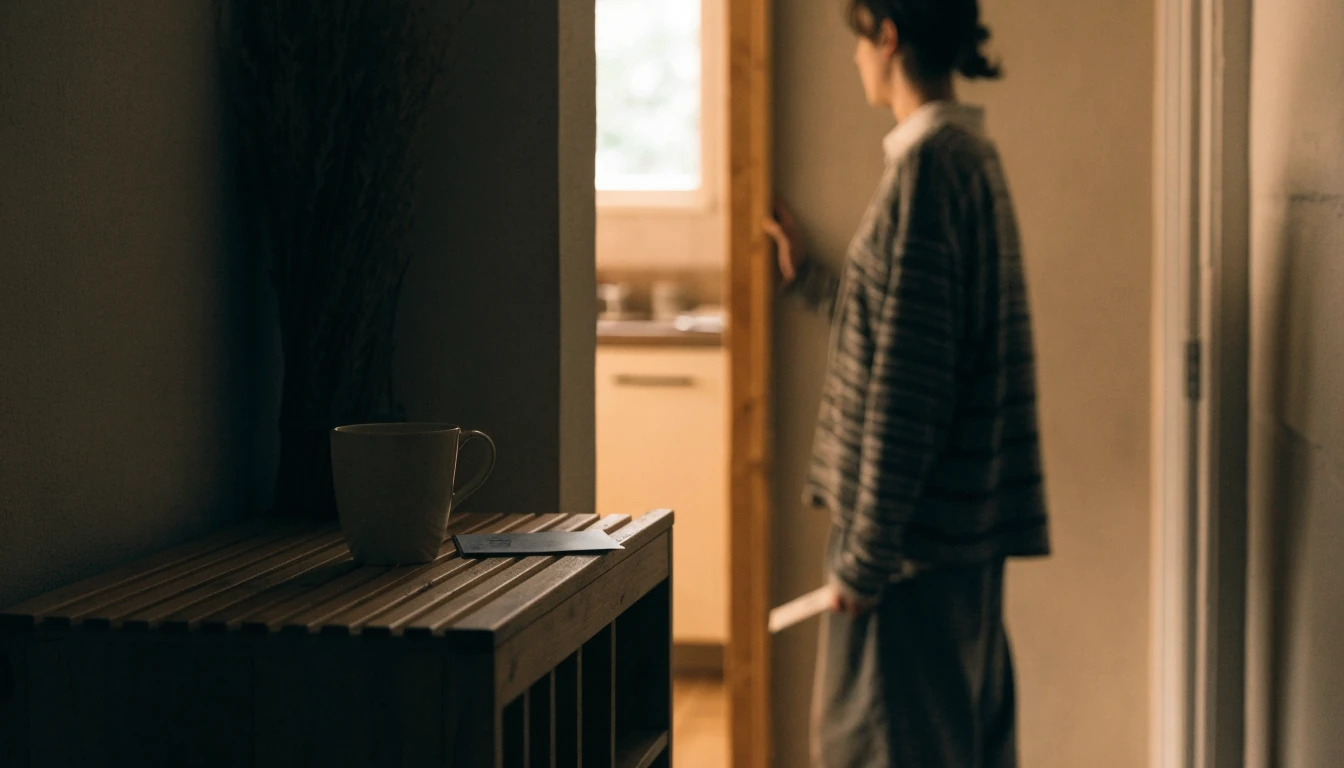 Person ved en dør med ID-kort på et sidebord