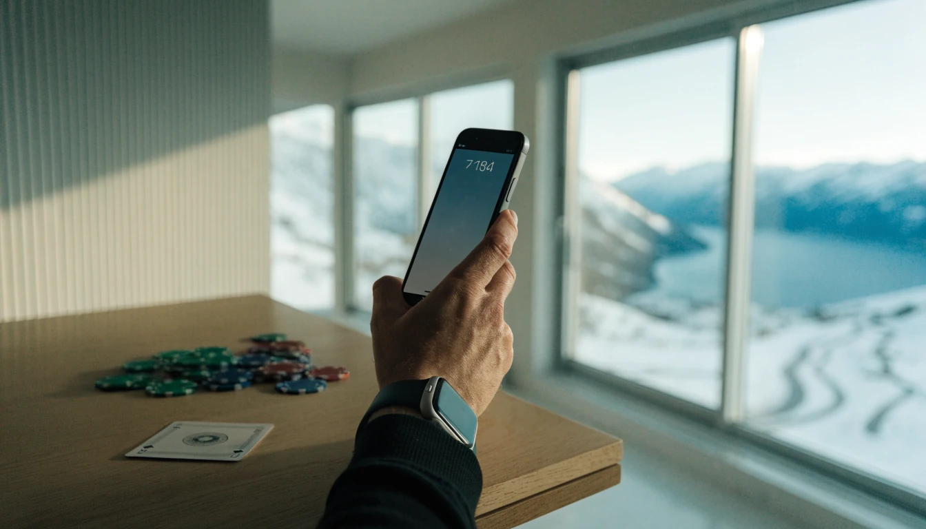 Hånd som holder iPhone med Apple Pay, casinobrikker på bord