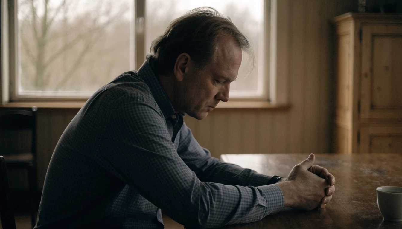 En ensom mann tenker bekymret ved kjøkkenbordet i et norsk hjem.