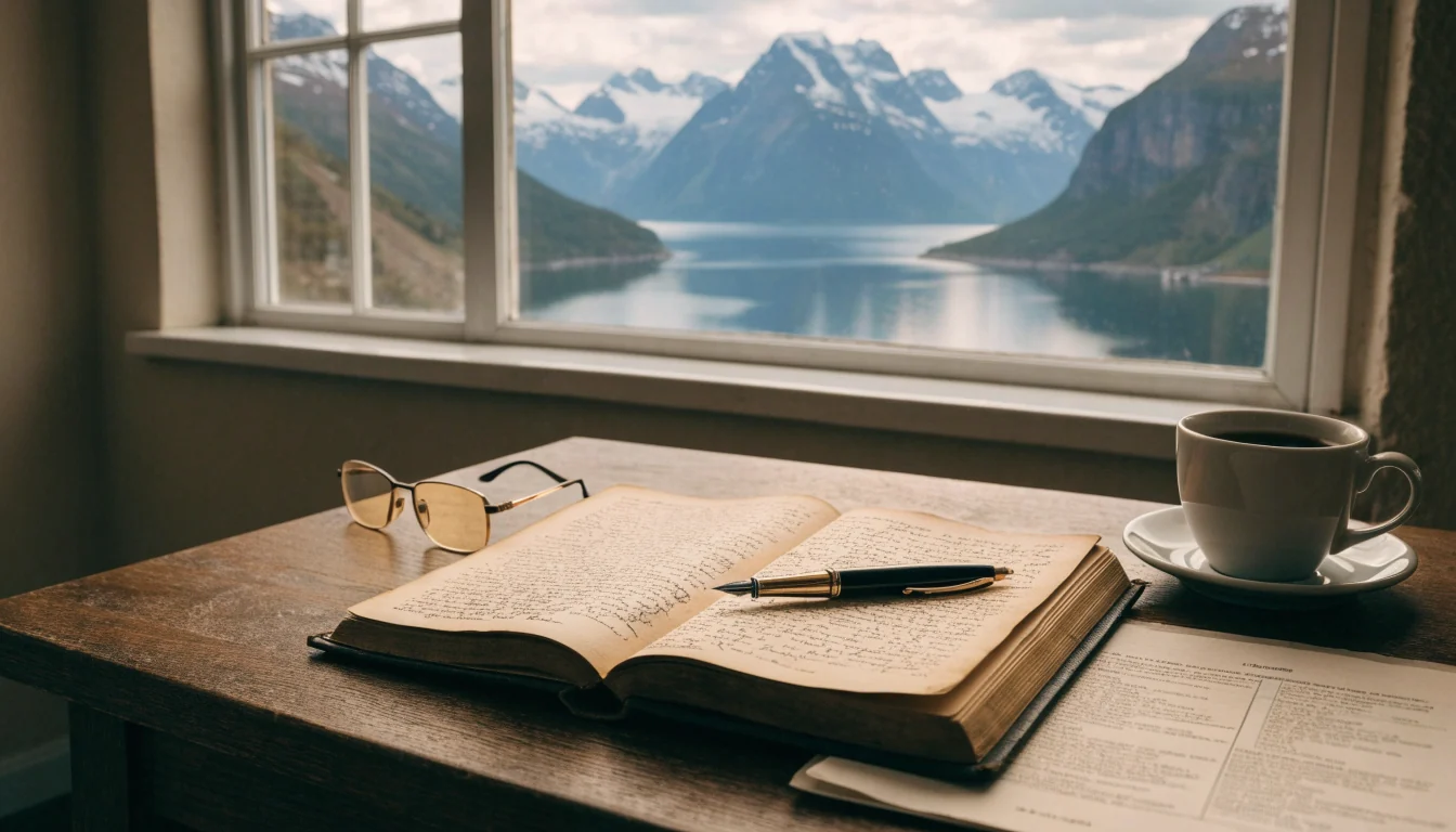 Skrivebord med notatbok og dokument ved norsk fjord